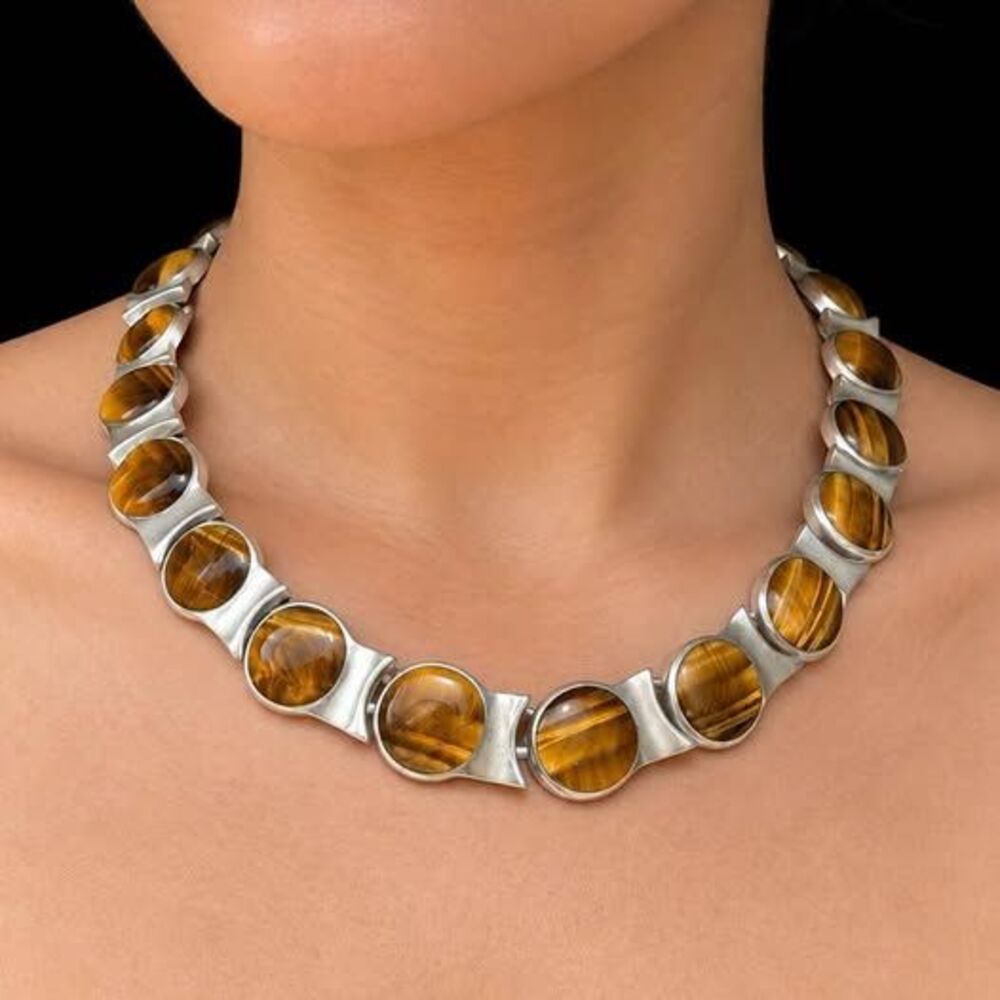 Tiger’s Eye & 950 Mexico Sterling Silver Statement Necklace — 17.5”